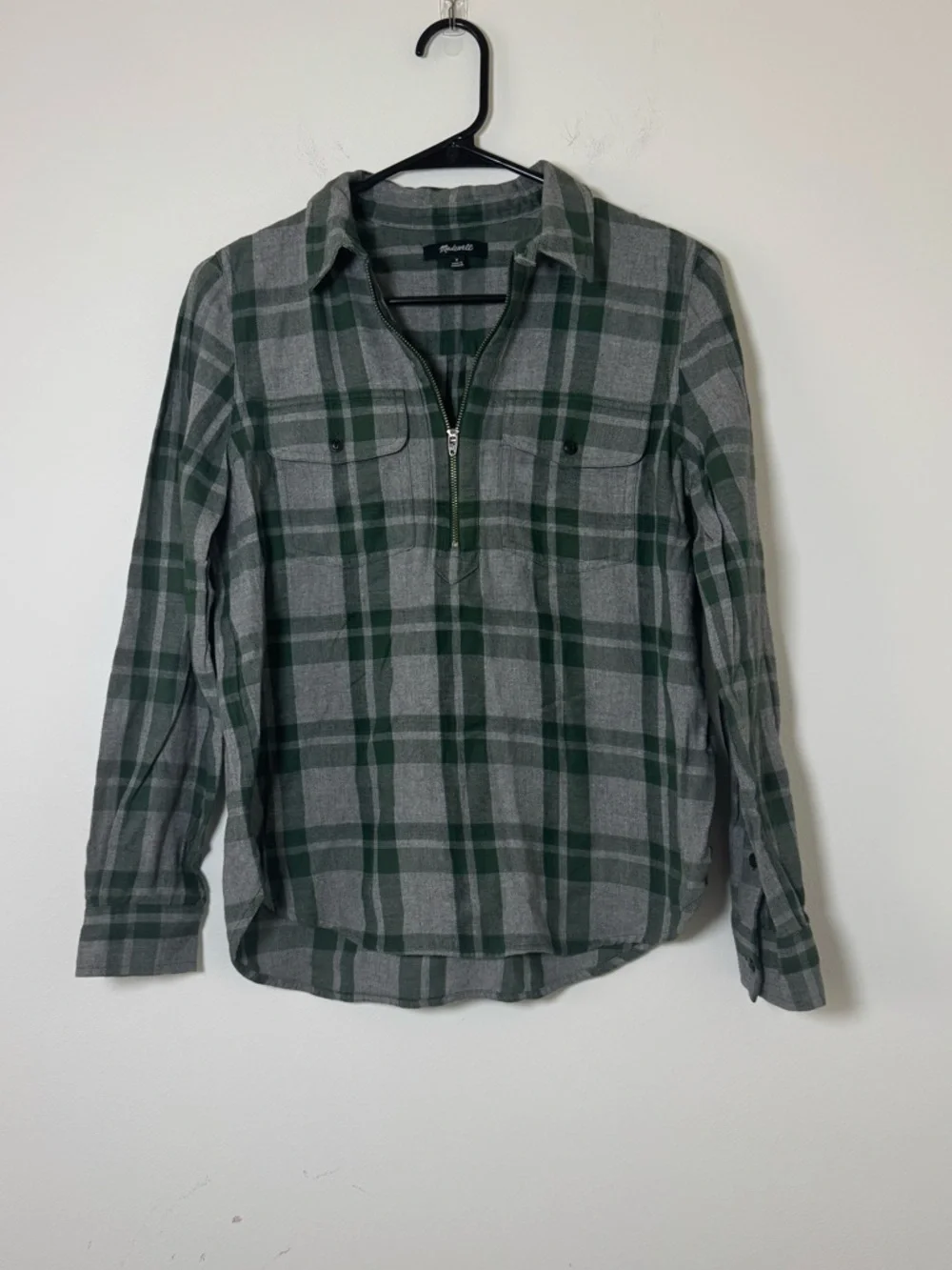 Madewell Plaid Flannel Shirt Women’s Small Green Gray Half Zip Pullover Cotton - Picture 1 of 6